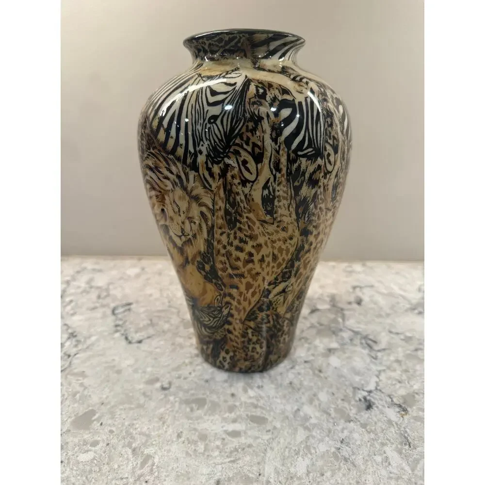 Vintage Porcelain Art Pottery Vase Safari Animal Print Brown Black 9